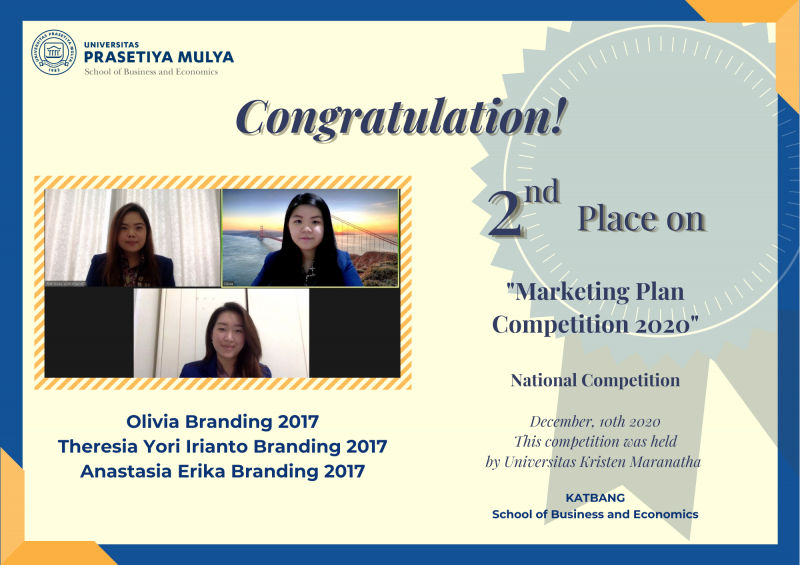Mahasiswa Sekolah bisnis dan ekonomi Universitas Prasetiya Mulya meraih juara 2 Marketing Plan 2020 Universitas Kristen Maranatha