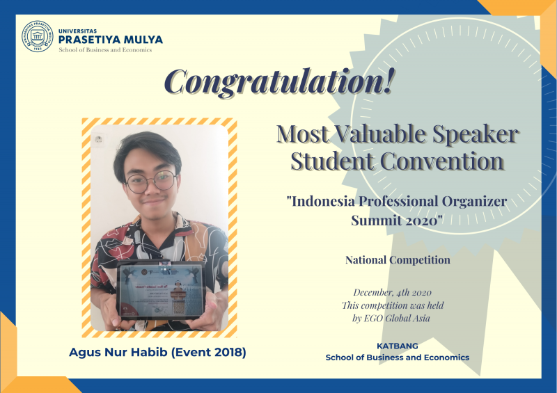 Mahasiswa Sbe Prasmul meraih juara Most Valuable Speaker dalam Indonesian Professional Organizer Summit 2020